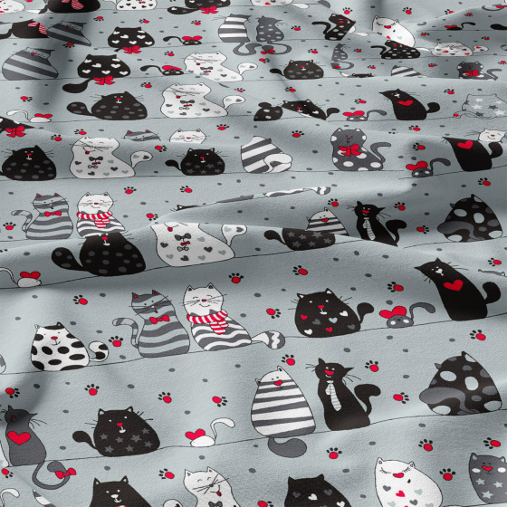 Cotton fabric, by the meter. Crazy cat on Grey