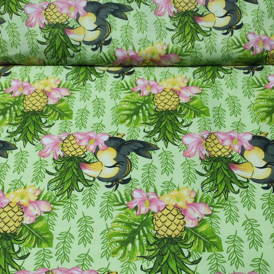 Dekorační dětská bavlněná látka vzor Papoušek a ananas na zelenám