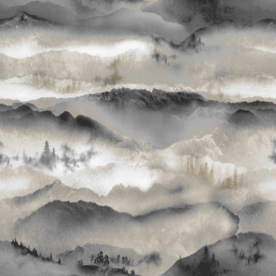 Velvet upholstery fabrics with print, Mountains and mist