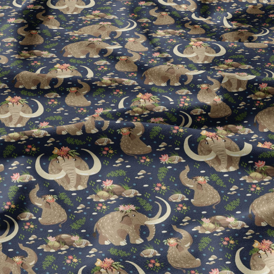 Cotton fabrics, by the meter. Mammoths on Blue