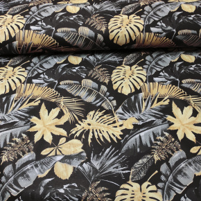 Bavlněná látka 100% bavlny, 125 g/m², šíře 160 cm, listy šedé a žluté na černém