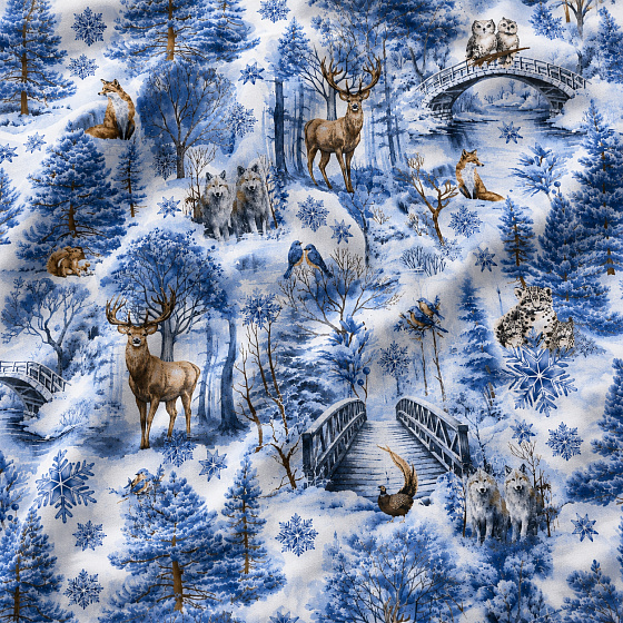 Christmas cotton fabric, by the meter, width 160 cm, pattern Nature Blue on White