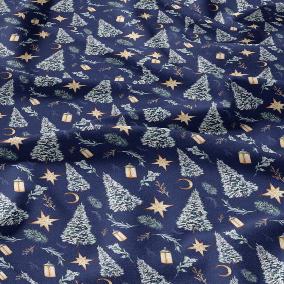 Christmas cotton fabric, by the meter, width 160 cm, Christmas trees on blue