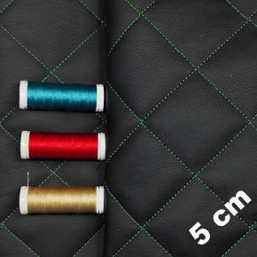 Ekokůže prošívaná 5×5 cm, černá, zelené nitě, metráž, šíře 145 cm