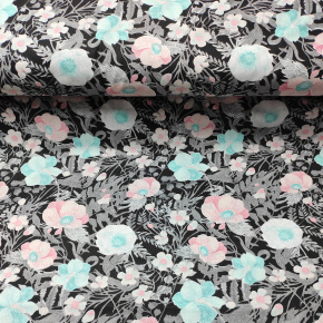 Cotton fabric 100% cotton, 125 g/m², width 160 cm, flowers on black Cotton fabric 100% cotton, 125 g/m², width 160 cm, flowers on black