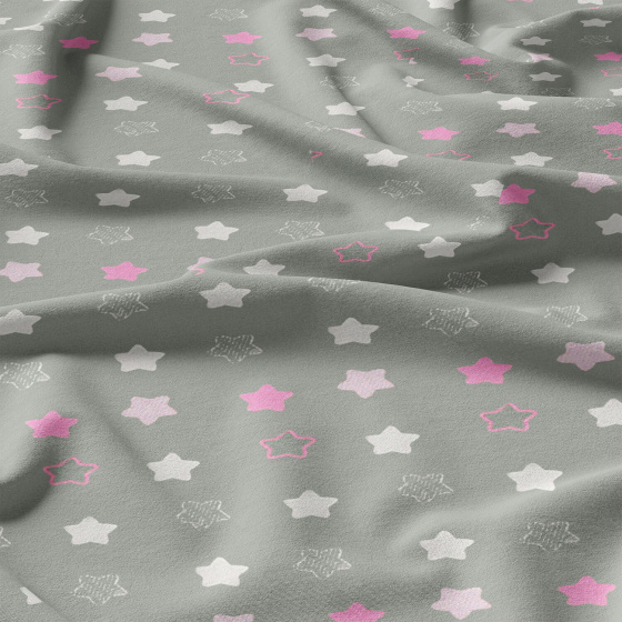 Children's cotton fabric 100% cotton, 125 g/m², width 160 cm, white and pink stars on grey