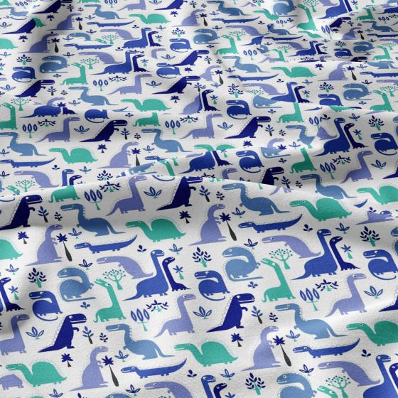 Cotton fabric, by the meter. Turquoise Dinosaurs on White