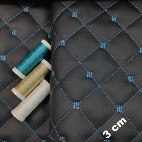 Ekokůže MIX 3x3 cm barva černá prošívaná tyrkysovými nitěmi, metráž, 145 cm