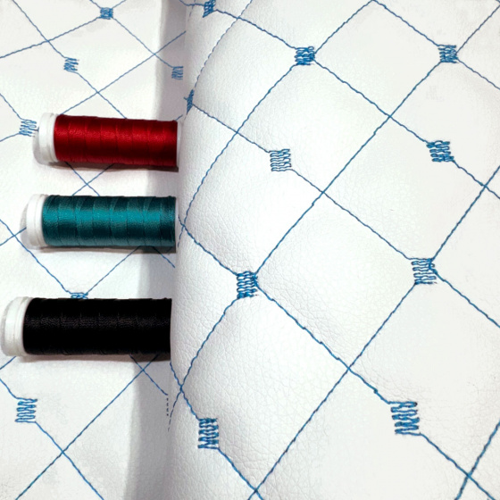 Eco-leather MIX 3x3 cm color white quilted with turquoise threads, by the meter, 145 cm