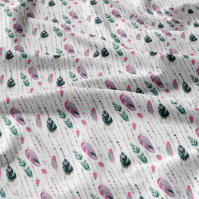 Decorative cotton fabric, by the meter, Green and Pink Feathers