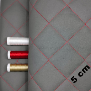 Ekokůže prošívaná 5×5 cm, grafitová, červené nitě, metráž, šíře 145 cm Ekokůže prošívaná 5×5 cm, grafitová, červené nitě, metráž, šíře 145 cm