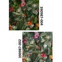 Velvet upholstery fabrics with print. Green tropical leaves with flowers