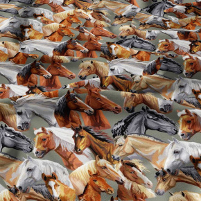 Cotton fabrics, by the meter. 3D Horses on Grey