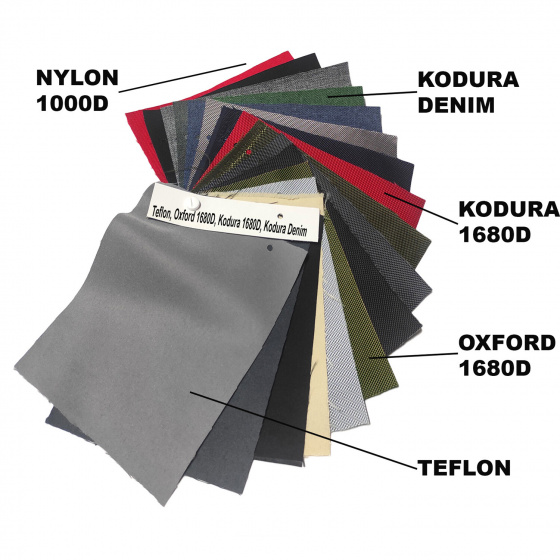 Vzorník voděodolných látek Teflon, Nylon 1000D, Oxford 1680d, Kodura 1680D, Kodura Denim, 15x20 cm