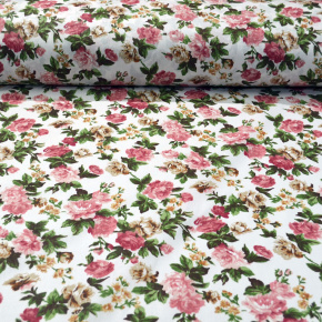 Bavlněná látka 100% bavlny, 125 g/m², šíře 160 cm, kytičky malé růžové na bílém