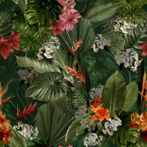 Velurové potahové látky s potiskem. Zelené tropické listy s květiny