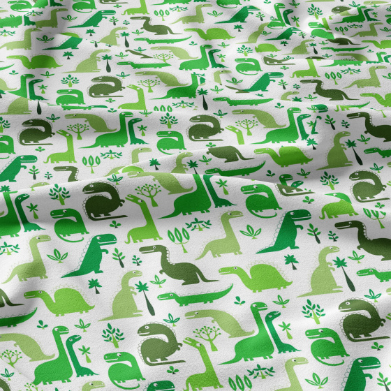 Cotton fabric, by the meter. Dinosaurs Green on White