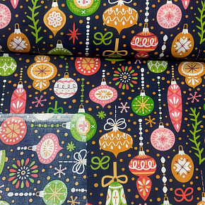 Vánoční bavlněná látka, metráž, šíře 160 cm, Vánoční ozdoby na modrém