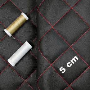 Ekokůže prošívaná 5×5 cm, černá, červené nitě, metráž, šíře 145 cm