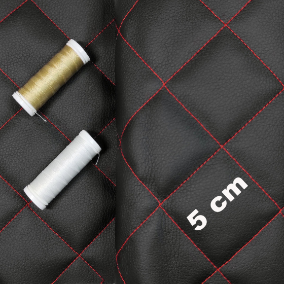 Quilted eco-leather 5×5 cm, black, red threads, by the meter, width 145 cm