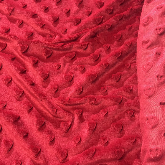 Minky fabric with hearts, 320 g/m², width 160 cm, by the meter, red