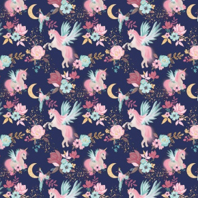 Bavlněná látka, metráž. Jednorožec na modrém