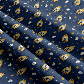 Children's cotton fabric by the meter Rockets Yellow on blue