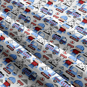 Dětská bavlněná látka metráž Stavební stroje na bilém