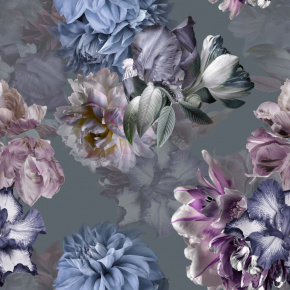 Velvet upholstery fabrics with print, Blue Flowers on Grey Velvet upholstery fabrics with print, Blue Flowers on Grey