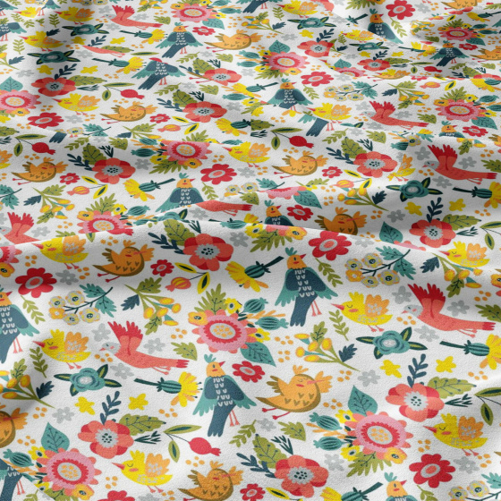 Cotton fabrics, by the meter. Birds of Paradise on White