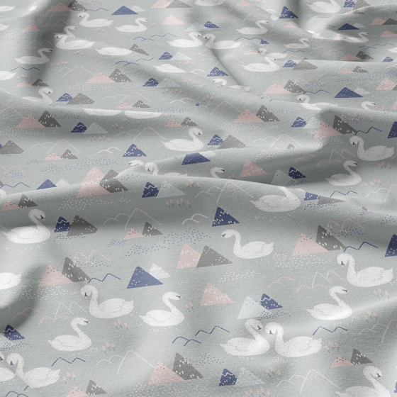 Cotton fabrics, by the meter. Swans on the Grey