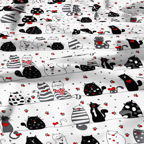 Bavlněná látka, metráž. Crazy cat na Bílém