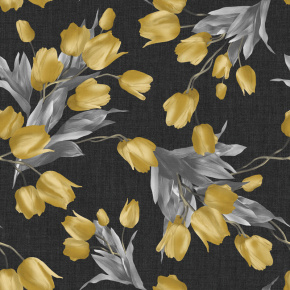 Velurové potahové látky s potiskem, Žluté tulipány na Černém Velurové potahové látky s potiskem, Žluté tulipány na Černém