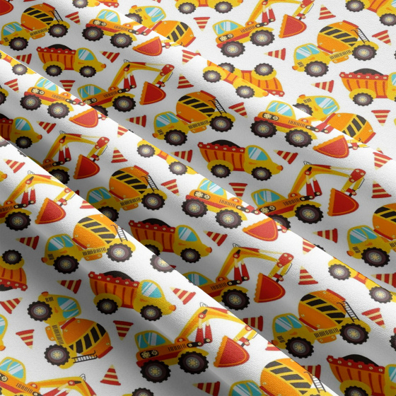 Children's cotton fabric by the meter Construction Machines Yellow on White