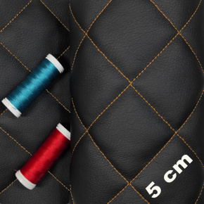 Ekokůže prošívaná 5×5 cm, černá, pomerančové nitě, metráž, šíře 145 cm