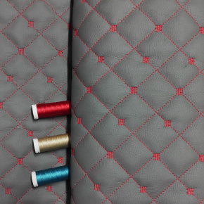 Ekokůže MIX 3x3 cm barva šedá prošívaná červenými nitěmi, metráž, 145 cm