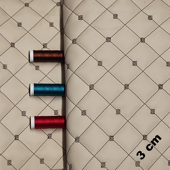 Faux leather MIX 3x3 cm, beige color, quilted with brown threads, sold by the meter, 1.45 m x 0.8 m