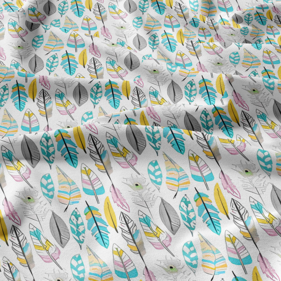 Decorative cotton fabric, by the meter, Mint Feathers on White