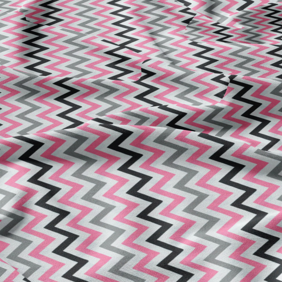Decorative children's cotton fabrics, by the meter. Zigzag Pink, Gray, and Black