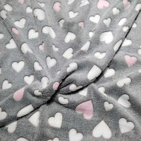 Minky Beránek, 220 g/m², width 160 cm, fabric by the meter, pink and white hearts on grey