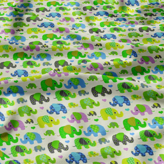 Cotton fabrics, by the meter. Green Elephants on Beige