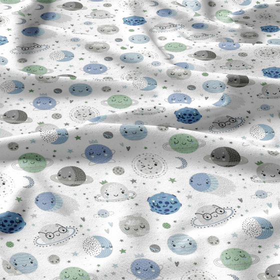 Cotton fabrics, by the meter. World of Planets, Blue on White