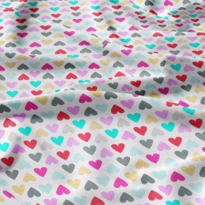 Decorative cotton fabric, by the meter, Multicolored Hearts on White
