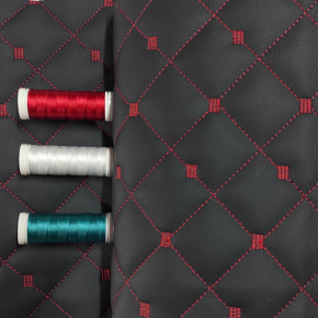 Ekokůže MIX 3x3 cm barva černá prošívaná červenými nitěmi, metráž, 145 cm