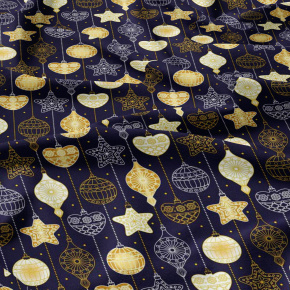 Vánoční bavlněná látka, metráž, šíře 160 cm, Vánoční ozdoby Žluté na modrém