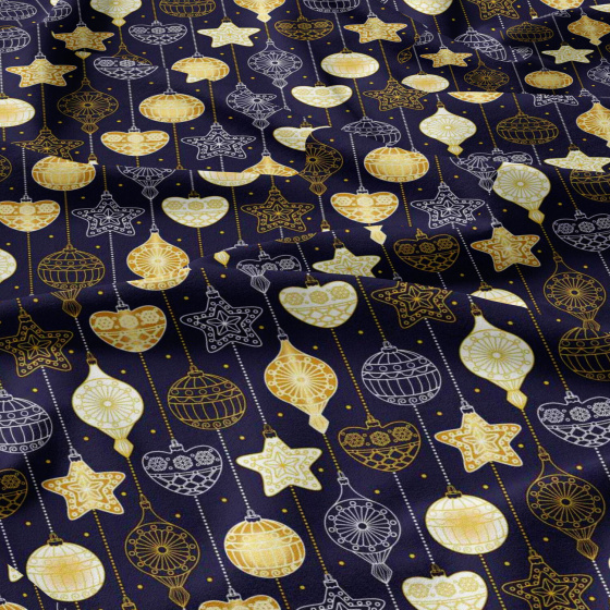 Christmas cotton fabric, by the meter, width 160 cm, Yellow Christmas ornaments on blue