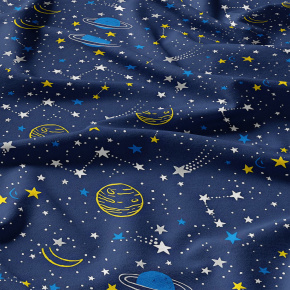 Dětská bavlněná látka bavlna 100%, 125 g/m², šíře 160 cm, galaxie žluté na modrém Dětská bavlněná látka bavlna 100%, 125 g/m², šíře 160 cm, galaxie žluté na modrém