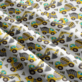 Children's cotton fabric by the meter Construction Machines Grey on White