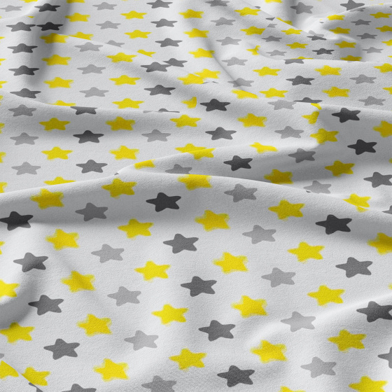 Children's cotton fabric 100% cotton, 125 g/m², width 160 cm, gray and yellow stars on white
