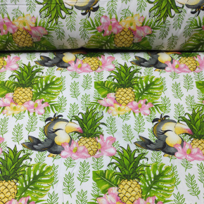 Bavlněná látka 100% bavlny, 125 g/m², šíře 160 cm, papoušek a ananas na bílém